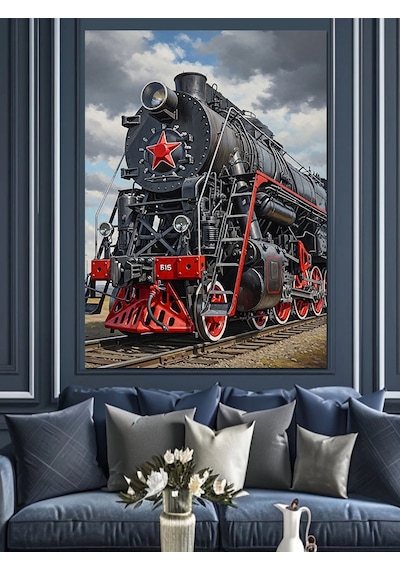 Ahşap Tablo Siyah Buharlı Tren Lokomotifi