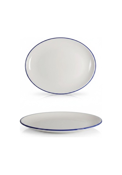 6'lı Ellips Oval Kayık Tabak 31cm Rim Lacivert Rinart Krem