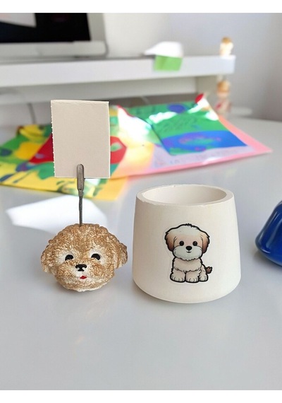 Sevimli Poodle Köpek Temalı Kalemlik Saksı Ve Not Tutucu Seti Renkli