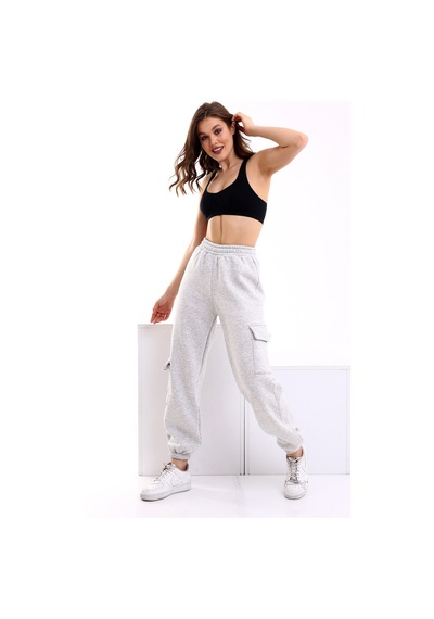 Winmoda34 Kadın Jogger Kalın 3 Iplik Yandan Cepli Kargo Eşofman Altı Gri