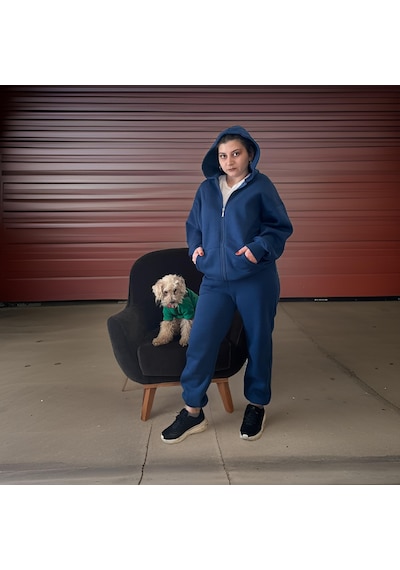 Ceyss Design Unisex Üç İplik Şardonlu Kapüşonlu Hırkalı Eşofman Takımı-indigo İndigo
