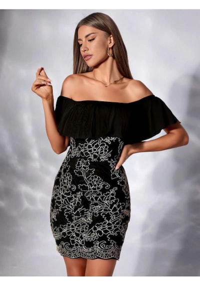 Fashion Cocktail Siyah Simli Nakışlı Pileli Işlemeli Düşük Omuz Kokteyl Davet Abiye Elbise Siyah Siyah Fashion Cocktail Siyah Simli Nakışlı Pileli Işlemeli Düşük Omuz Kokteyl Davet Abiye Elbise Siyah Siyah