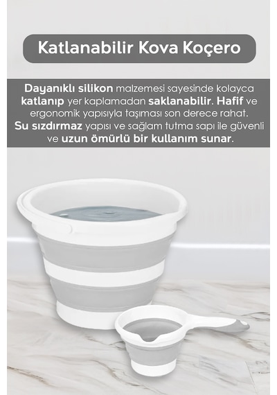 7'li Banyo Seti - 90 Lt Kirli Sepeti Katlanabilir Çamaşır Sepeti Su Kovası Maşrapa Yıkama Filesi Gri