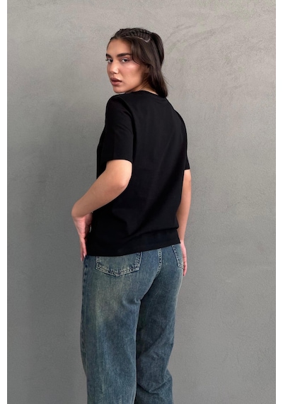Madmext Siyah %100 Pamuk Vatkalı Oversize Kadın T-shirt Mg2442 Siyah