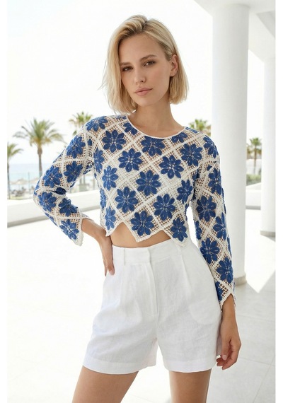Sayzen Your Shine Çiçek Desenli Dantel Işleme Crop Sayzen Çiçek Desenli Dantel Işleme Crop Mavi