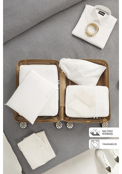 Ocean Home Textile 4'lü Yıkanabilir Beyaz Renk Paraşüt Kumaş Bavul İçi Organizer Set