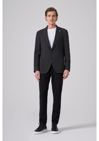 Morven Erkek Siyah Yünlü Trend Desenli Slim Fit Mono Yaka Ceket 26ks002007001 Siyah