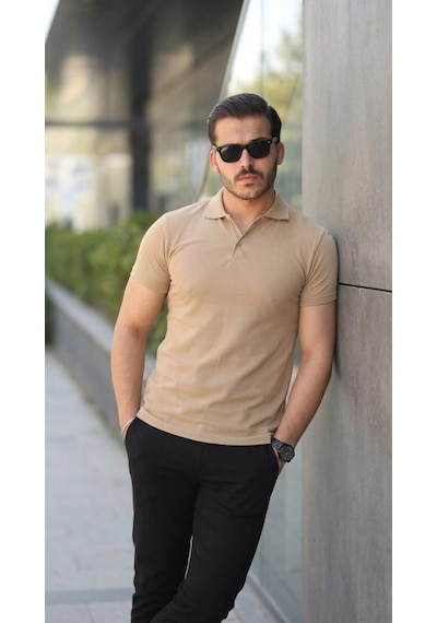 Defymoda Erkek Kısa Kollu Yakalı Tişört Bej