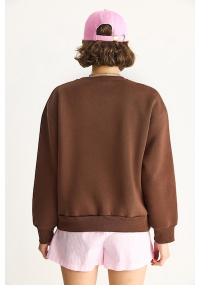 Shade Kadın Bisiklet Yaka Kalp Nakışlı Şardonlu Üç İplik Sweatshirt 6875 60283520 - Kahverengi