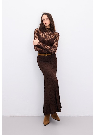 Sateen Transparan Dantel Bluz - Kahve-136869 kahve