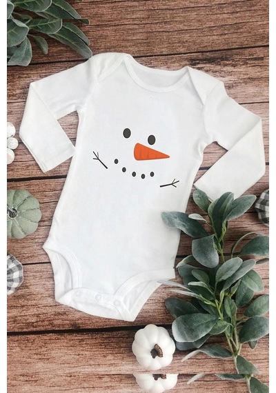 Hediyenza Kardan Adam Özel Tasarım Bebek Zıbın Pamuklu Çıtçıtlı Body Beyaz