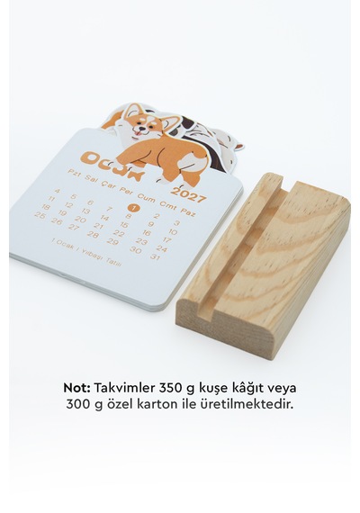 Ahşap Standlı Özel Kesim Neşeli Corgi Tasarımlı 2027 Masaüstü Takvimi 8,5x12 Cm - Sevimli Yeni Yıl Hediyesi Çok Renkli