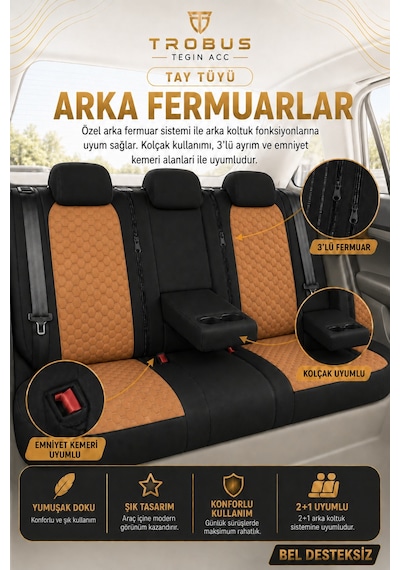Mercedes E 2013 Ve Sonrası Uyumlu Altay Bel Destekli Tay Tüyü Taba Siyah Koltuk Kılıfı Taba Siyah