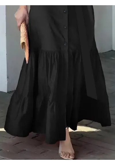 Alyn Wear Kadın Uzun Kollu Eteği Fırfırlı Beli Kuşaklı Trikoton Tam Boy Gömlek Elbise Siyah