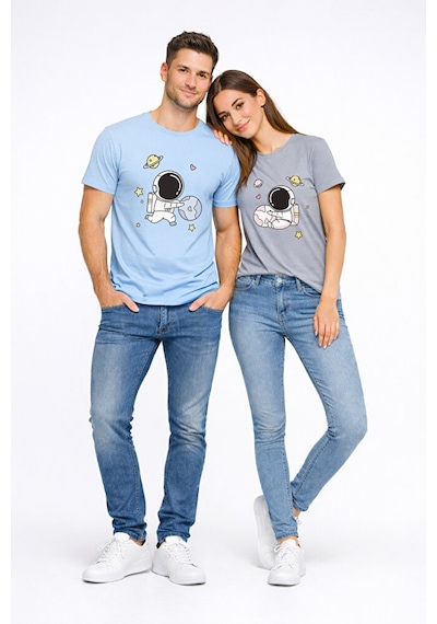 Sevgili Kombini Astronot Baskılı Çift Tişört Oversize Unisex Partner Tişört 2 Li Set Mavi