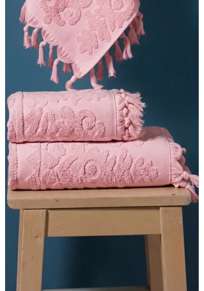 %100 Pamuk 2'li Bağlamalı Lüks, Jakarlı, Çeyizlik Banyo Havlu Seti 1 Adet 50x90, 1 Adet 100x150 Pudra Pembe