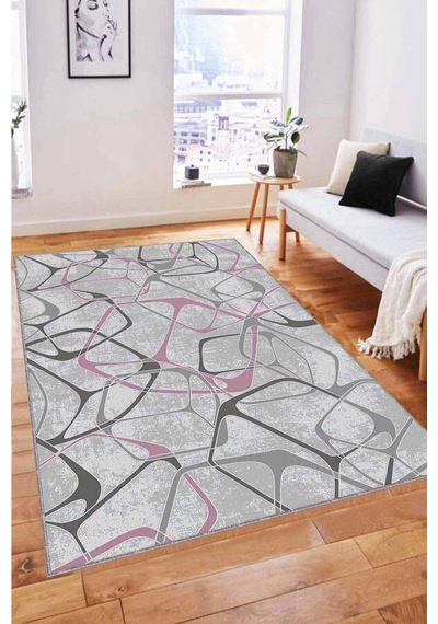 Pembe Geometrik Kaymaz Taban Makinede Yıkanabilir Halı Lk001n11