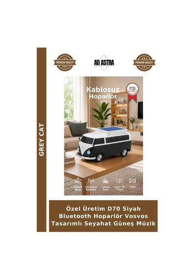 Özel Üretim D70 Siyah Bluetooth Hoparlör Vosvos Tasarımlı Seyahat Güneş Müzik