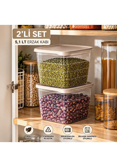 0975 2'li Kare Erzak Saklama Kabı Seti 5,1 Lt Cafe Latte - Şeffaf Bakliyat, Deterjan & Mutfak Düzenleyici Kutu Diğer