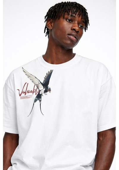 Yolo Street Erkek Oversize Kuş Baskılı Beyaz Tişört %100 Pamuk Streetwear Beyaz