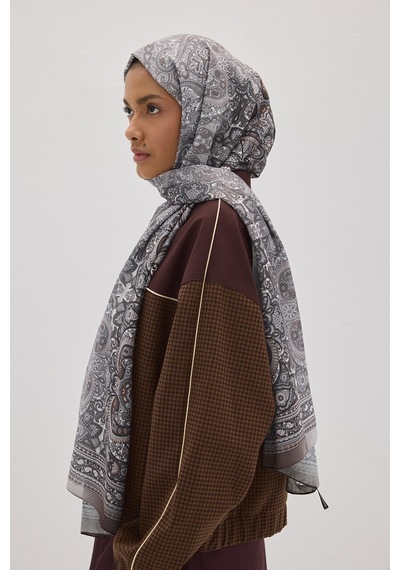 Mirsoy Scarf Eftelya Pamuk Etnik Desen Şal Açık Vizon