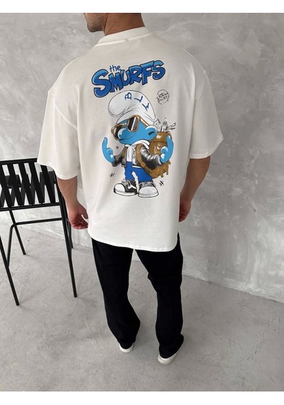 Modi Ön Ve Arka Baskılı Oversize Bisiklet Yaka T-shirt- Beyaz