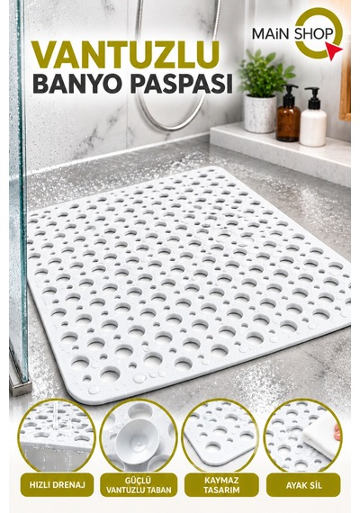 Kare Vantuzlu Banyo Ve Duşakabin Kaydırmaz Paspas, Küvet İçi Güvenlik Matı 54x54 Cm M-149 Beyaz