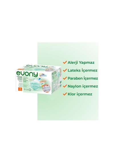 Evony Yumuşak Elastik Kulaklı Cerrahi Maske 3 Katlı 50 Adet