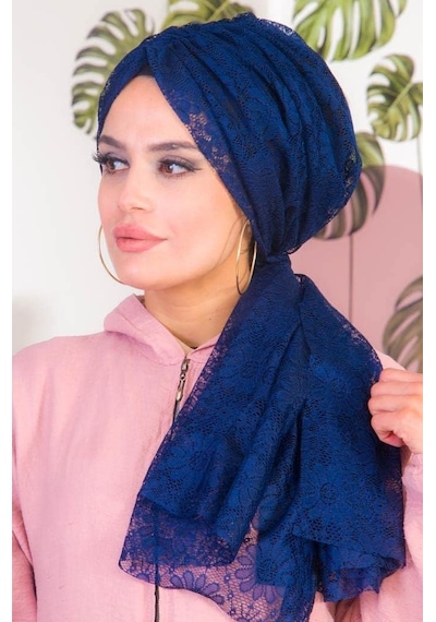 Lacivert Çiçek Dantel Tokalı Bone - 40401 Diğer