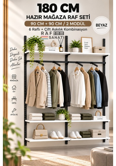 180 Cm Duvar Raf Askılık Sistemi 6 Raflı 2 Modül 200 Cm Konik Dikme Hazır Set Beyaz