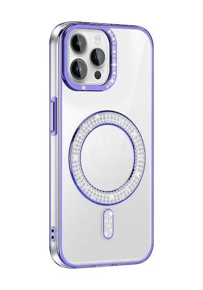 Apple Uyumlu iPhone 12 Pro Kılıf Pırlanta Taş Tasarımlı M-safe Şarj Özellikli Karetta Silikon Kapak Mor