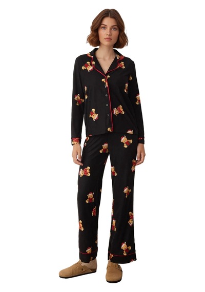 Ersefa Kadın Ayıcık Desenli Pijama Takımı Gömlek Yaka Uzun Fonksiyonel D Siyah