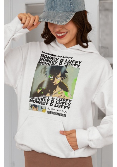Sevbano Tasarım Monkey D. Luffy Baskılı Unisex Oversize One Piece Anime K beyaz