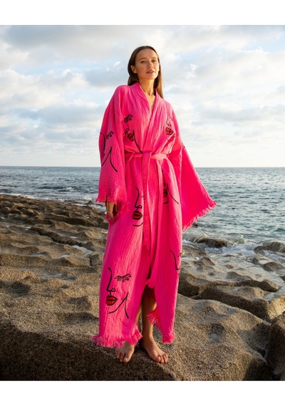 Befera Müslin Kimono Pamuklu Kadın Silüeti Desenli Bornoz Kaftan Sabahlık Fuşya