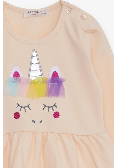 Breeze Kız Çocuk Uzun Kollu Elbise Tüllü Unicorn Nakışlı 1.5-5 Yaş, Krem-krem Krem