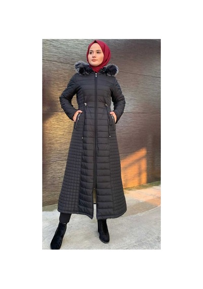 Harman Butik Kadın Fermuarlı İçi Kürklü Kapitone Uzun Mont Siyah Siyah