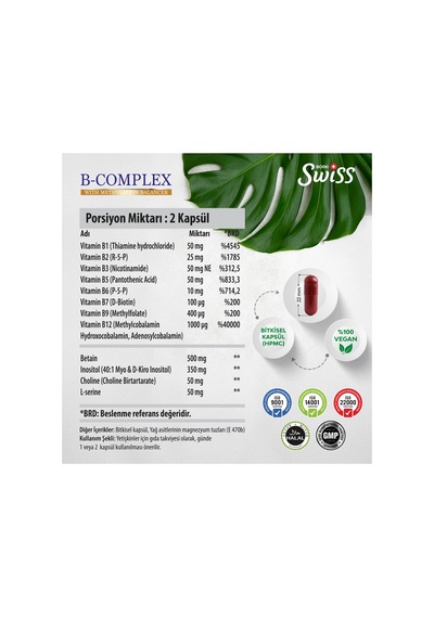 Swiss Bork B-complex Vitamin Aktif Form B1-b2-b3-b5-b6-b7-b9 , B12 Methylcobalamin 30 Kapsül