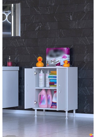 Söke 65 Cm Çok Amaçlı Kapaklı 1 Raflı 2 Bölmeli Komidin Dolap Beyaz