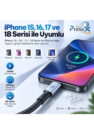 Primex Px-pd240w-2 Usb4 Type-c To Type-c Kablo 2 Metre, 240w Pd Hızlı Şarj, 40gbps Veri Aktarımı, 8k 60hz Görüntü, E-marker Çip, Thunderbolt 3/4 Uyumlu Usb-c Kablo