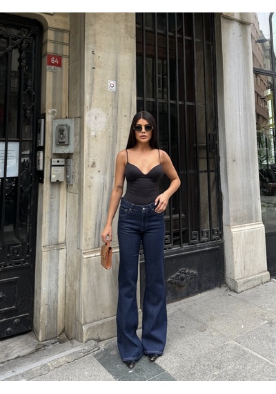 Out Of Standart Kadın Midwaist Flare Yüksek Bel Geniş Paça Jean Pantolon İndigo