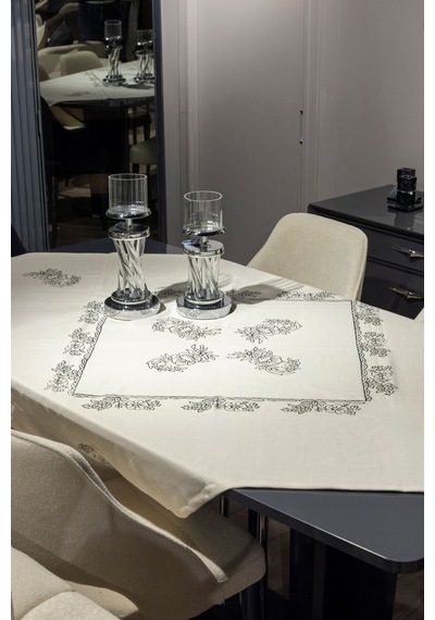 Doğal Pamuk Keten Kare Masa Örtüsü - 155x155 Cm, El Baskılı Şık Tasarım Beyaz - 677356837 Beyaz
