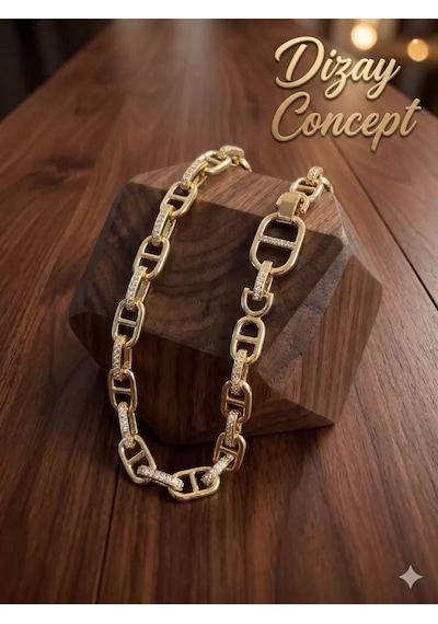 Taş İşlemeli Gold Gemi Zinciri Model Lüks Bileklik-dzy-2