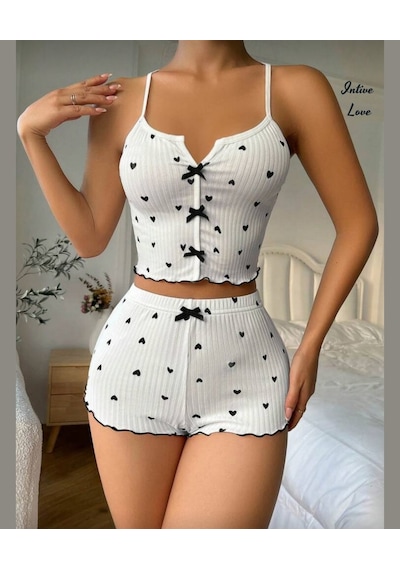 Intive Comfort Kalp Desenli V Yaka İnce Askılı Mini Şortlu Büstiy Beyaz