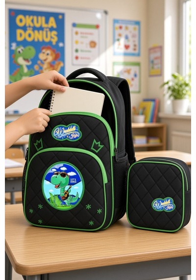 Yarasa Dinozor İlkokul Okul Çantası Beslenme Çantası Sırt Çantası 2'li Set 37 X 27 X 20 Cm Çok Renkli