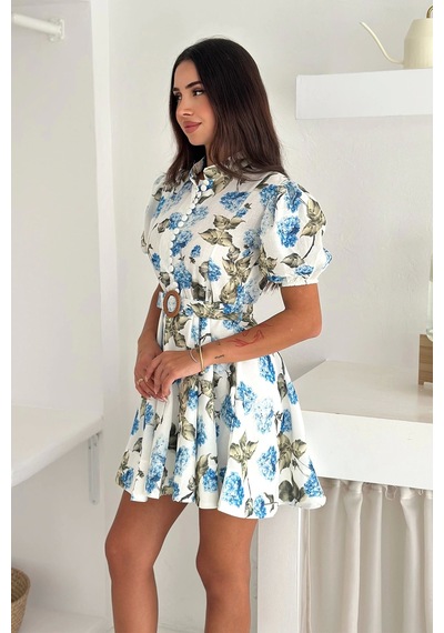 Asprin Fashion Kaplama Düğme Detaylı Kemerli Keten Elbise Mavi