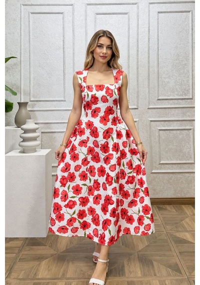 Moda Banuş Beyaz Gelincik Çiçeği Desenli Ekru Elbise Dar Kalıp