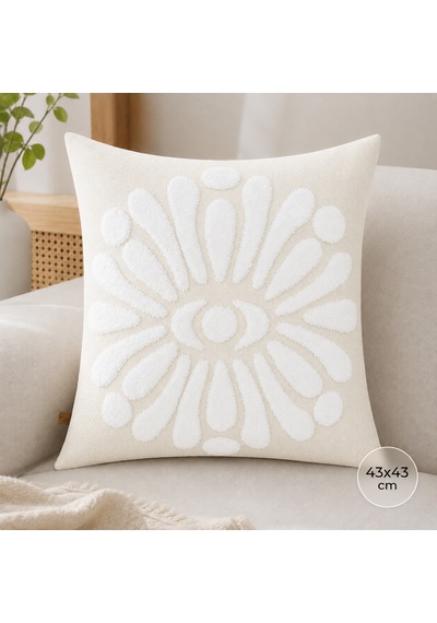 Flora 43x43 Cm Dekoratif Kırlent Kılıfı Kabartmalı Çiçek Desenli Modern Koltuk Yastık Kılıfı Krem