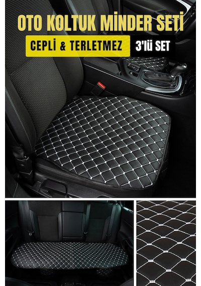 Ergonomik Cepli 3 Parça Oturak Deri Oto Minder Seti Gümüş