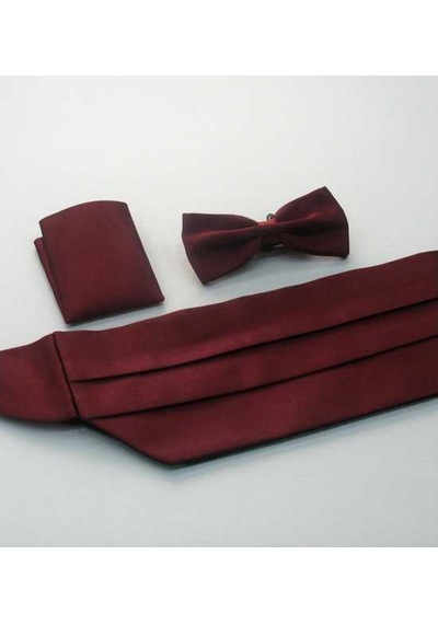 Gaffy Bordo Düz Renk Damatlık Kuşak Papyon Mendil Saten Takım Set - Kp - Bordo