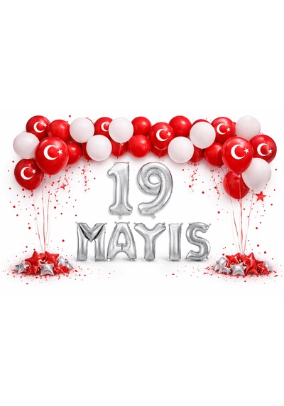 19 Mayıs Gençlik Ve Spor Bayramı Temalı Gümüş Folyo Rakam Ve Harf Kırmızı Beyaz Ay Yıldız Balonlar Beyaz - Kırmızı